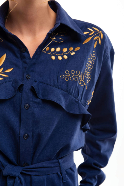 Overalls with "Susvittya" embroidery are dark blue - a stylish and refined Ukrainian image.