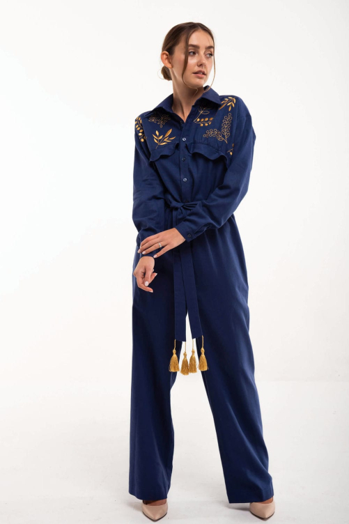 Overalls with "Susvittya" embroidery are dark blue - a stylish and refined Ukrainian image.