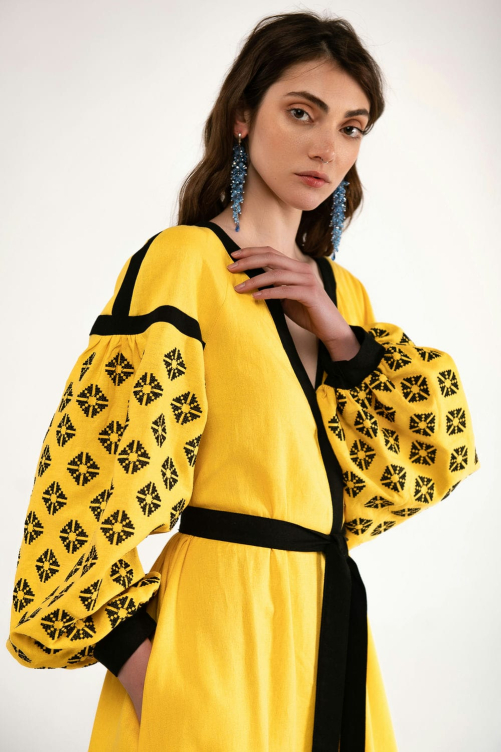 Yellow embroidered dress "Dolyna" - elegant Ukrainian style