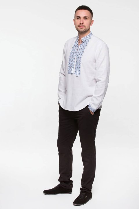 Camisa bordada masculina (vyshyvanka) „Dvi Styhii” azul y gris de 2KOLYORY