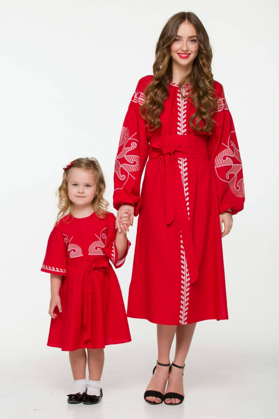 Платья вышиванки для мамы и дочери “Веснянка” бордо