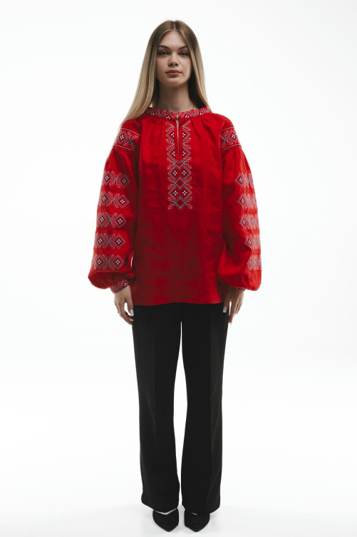 Women's embroidered "Sumska" red jacket - a bright and elegant Ukrainian image.