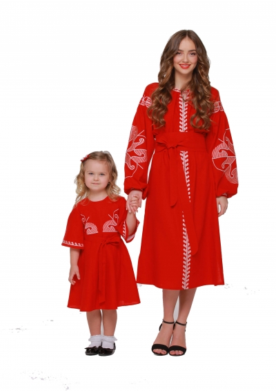 Сукні вишиванки для мами та дочки « Веснянка» бордо